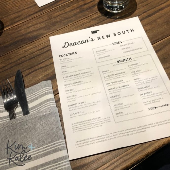 Deacon's New South menu