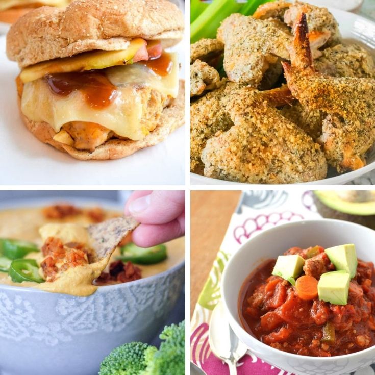 collage of football snacks including a turkey burger, delicious dip, chicken tenders, and chili