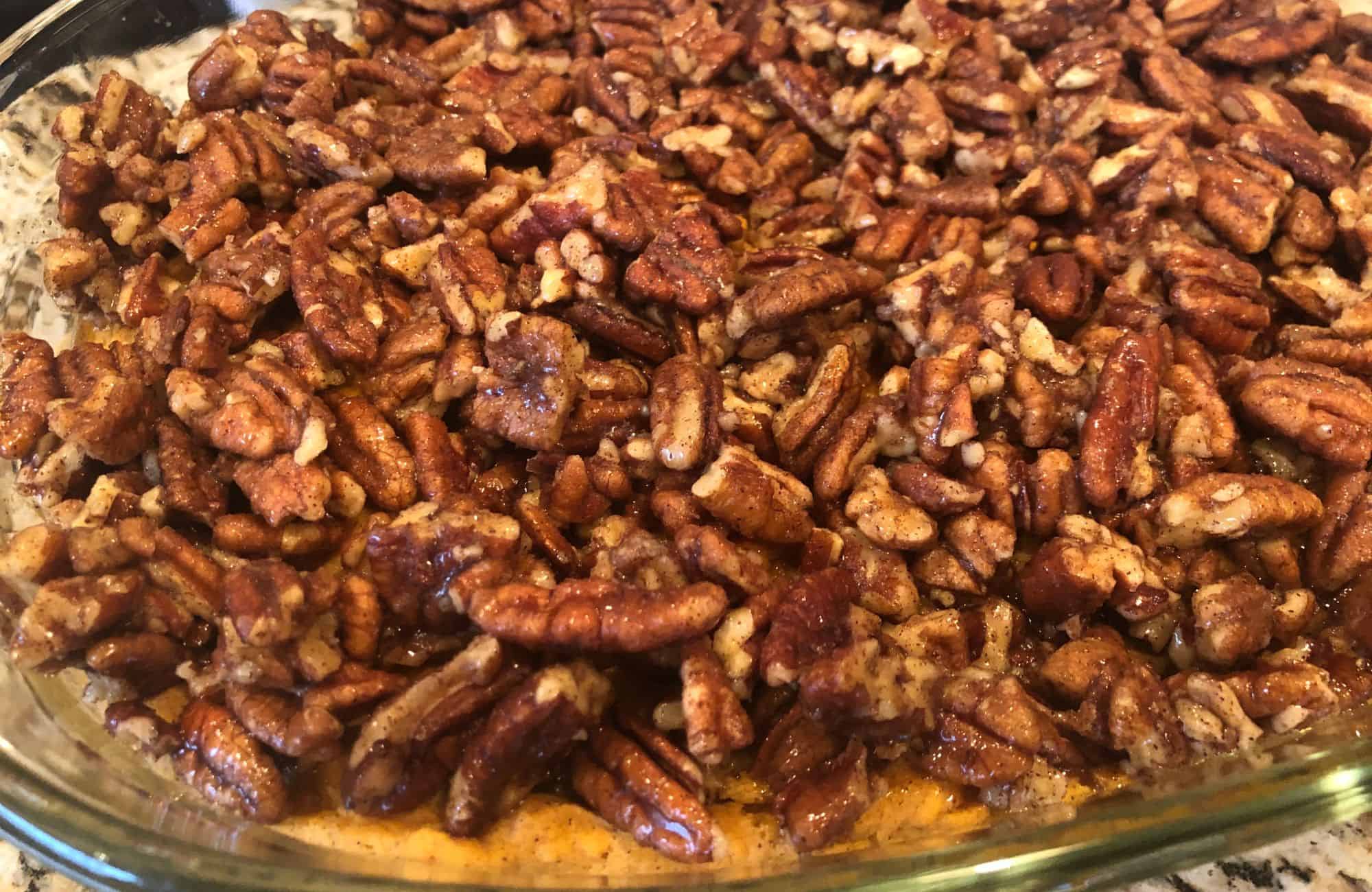 close up of the pecan topping once cooked