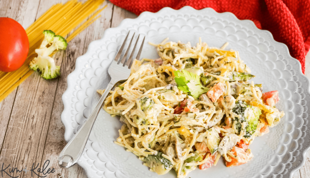 fork beside our best vegan pasta primavera