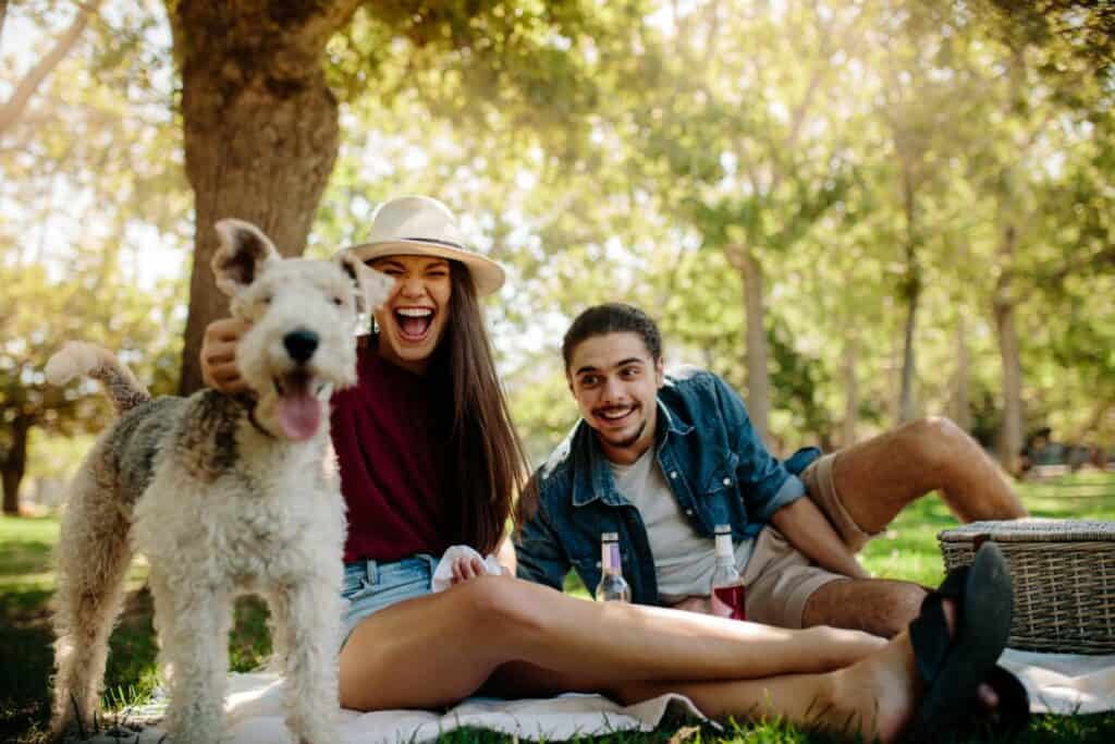  couple on a picnic with dog