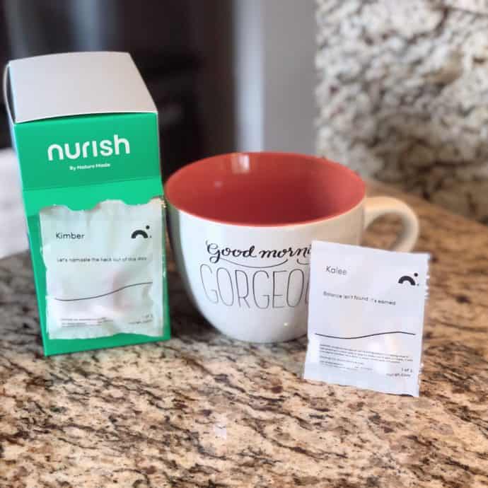 nurish by nature made box, packet, and coffee mug