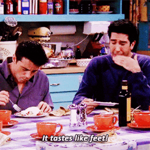 Ross trying Rachel's English Trifle