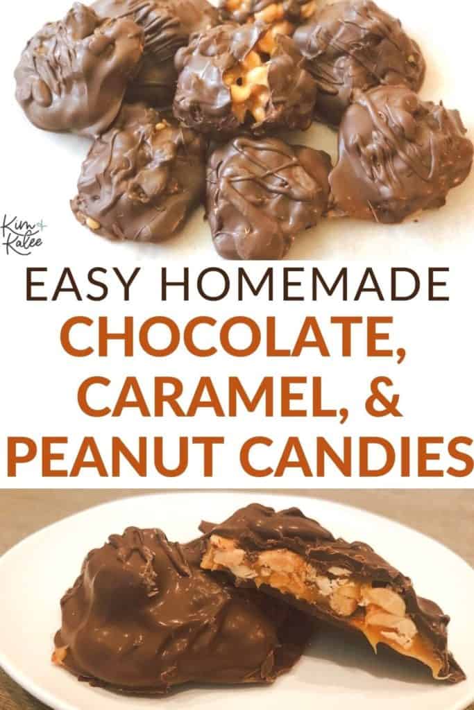 homemade candies with the text overlay "Easy chocolate caramel peanut clusters"