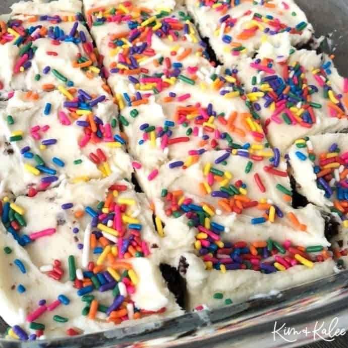 White Vanilla Frosting for Brownies topped with sprinkles