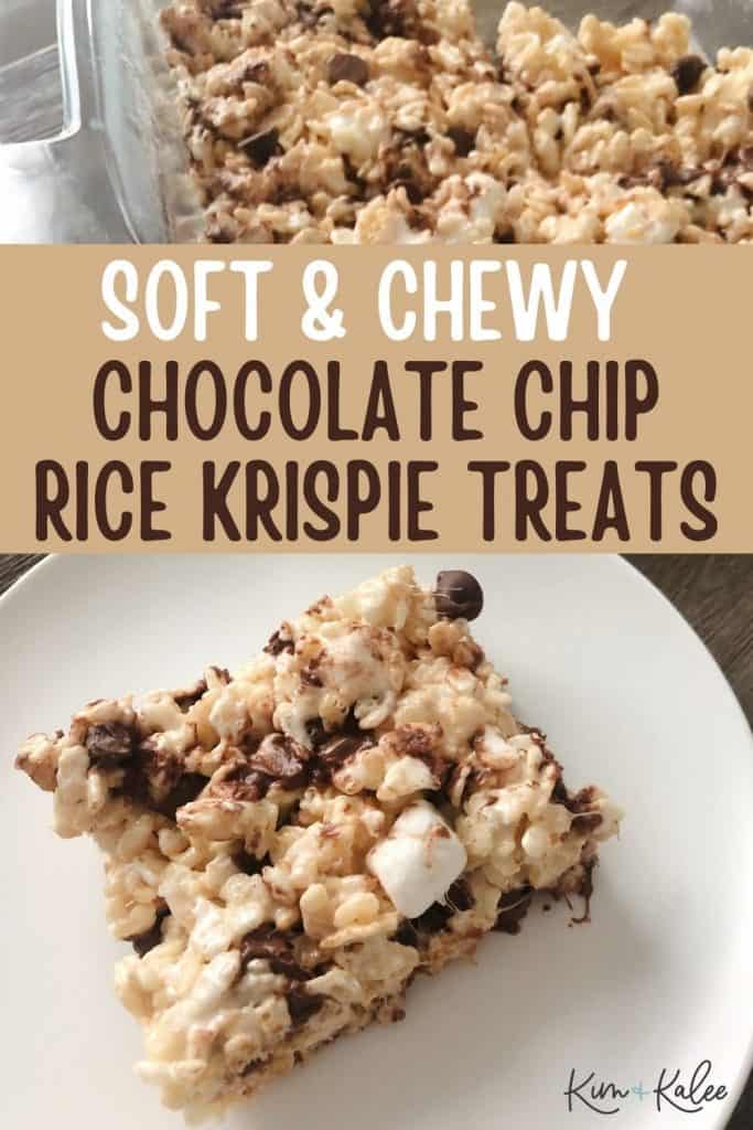 soft and chewy chocolate chip rice krispie treats with one on a plate