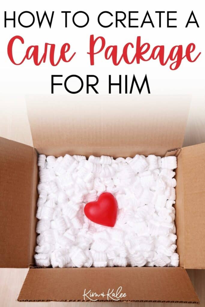 a box with a heart on top of bubble wrap - with the words How to Create a Care Package for Him