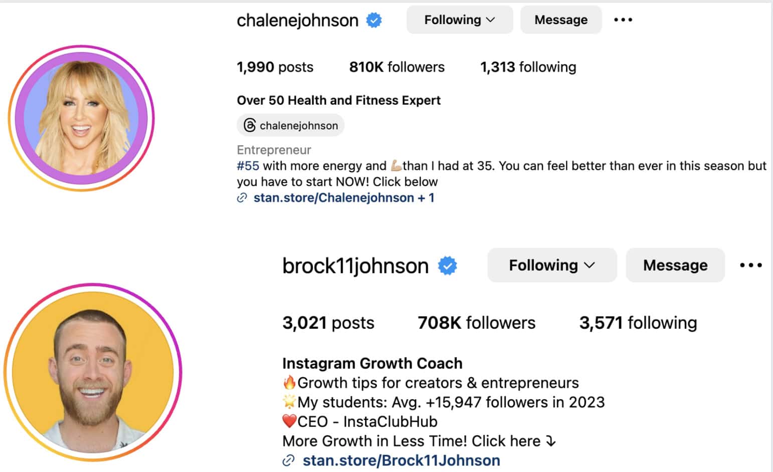Who are brock and Chalene Johsnon - screenshots of their Instagram bio and followers