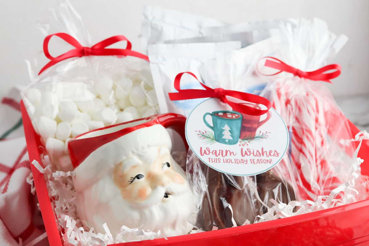Close up of our DIY Hot Chocolate Kit with Santa Clause Mug