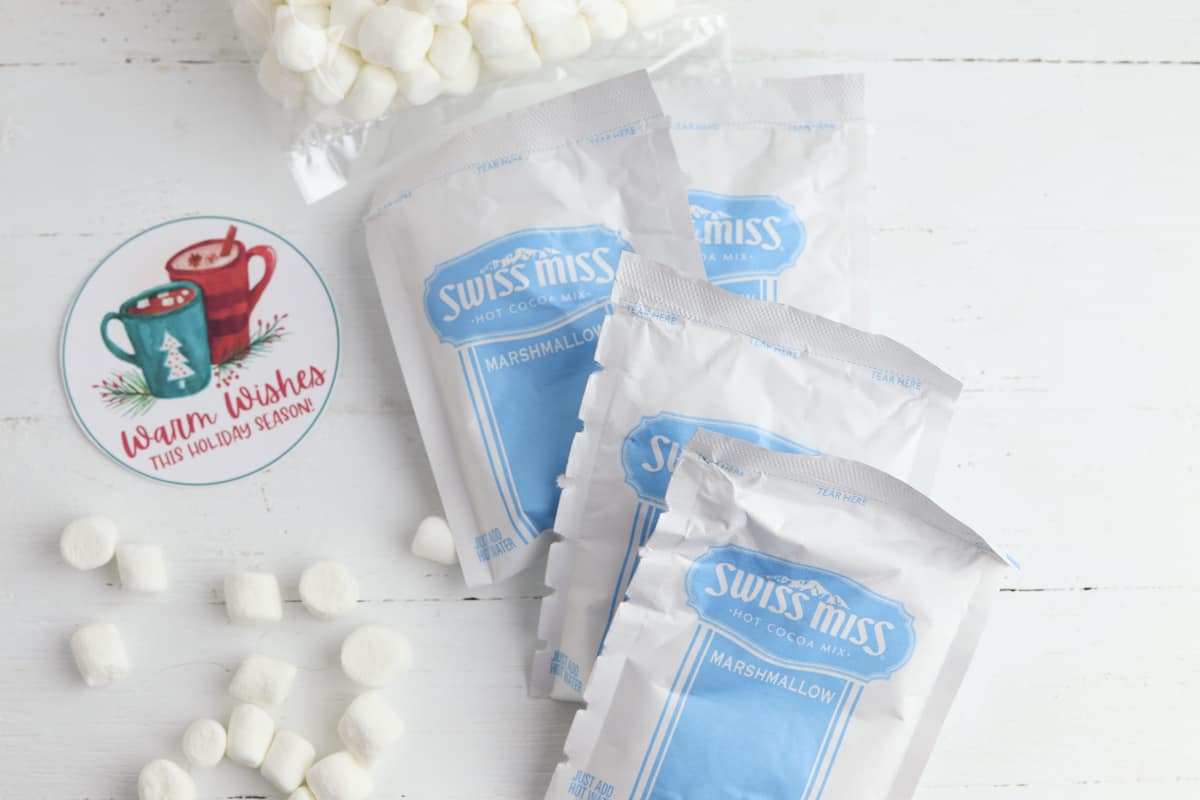4 packages of swiss miss hot chocolate and mini marshmallows