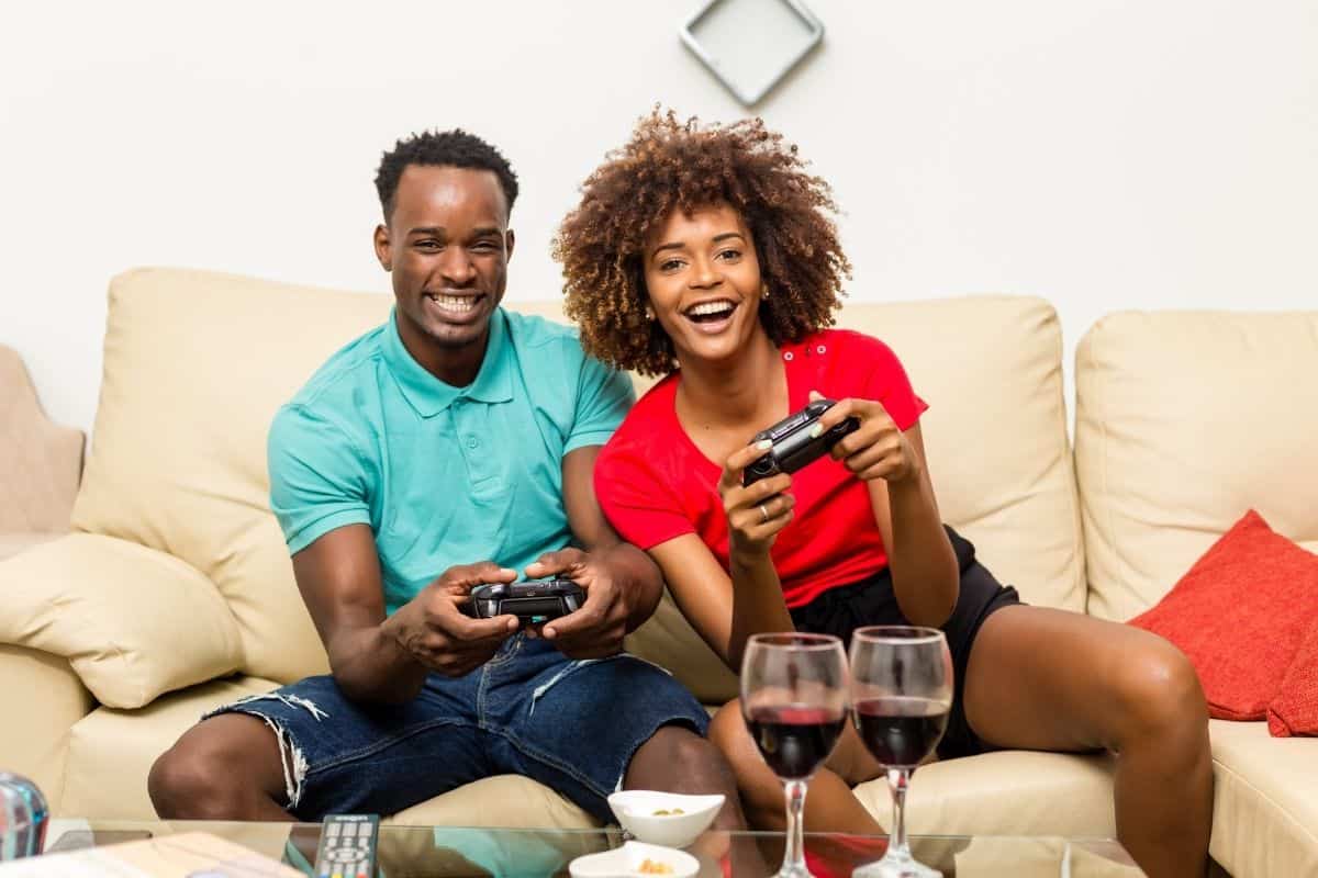 couple playing video game together