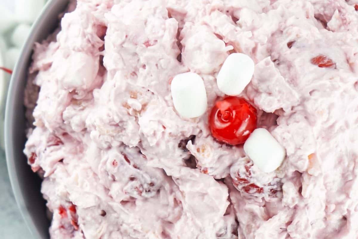 close up of No Bake Cherry Fluff Salad Recipe
