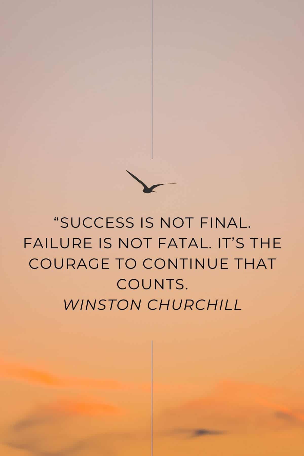 picture of a sunset with a bird flying - with the text overlay "“Success is not final. Failure is not fatal. It’s the courage to continue that counts.” —Winston Churchill"