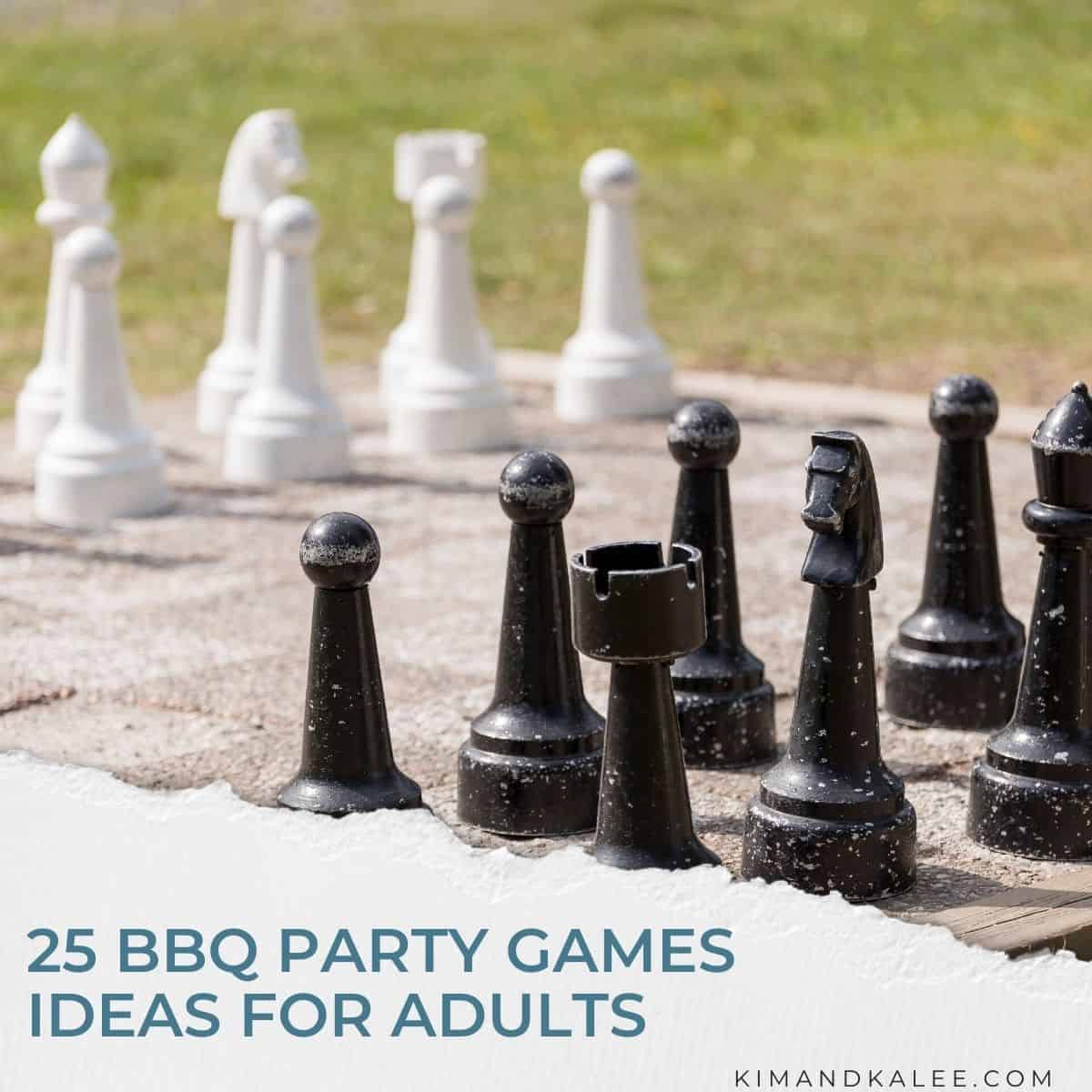 pic of lawn chess with the text overlay in the bottom left "BBQ Party Games Ideas for Adults"