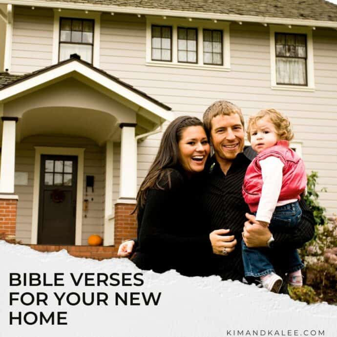 Family of 3 outside a new home with the text overlay "Bible Verses for Your New Home"