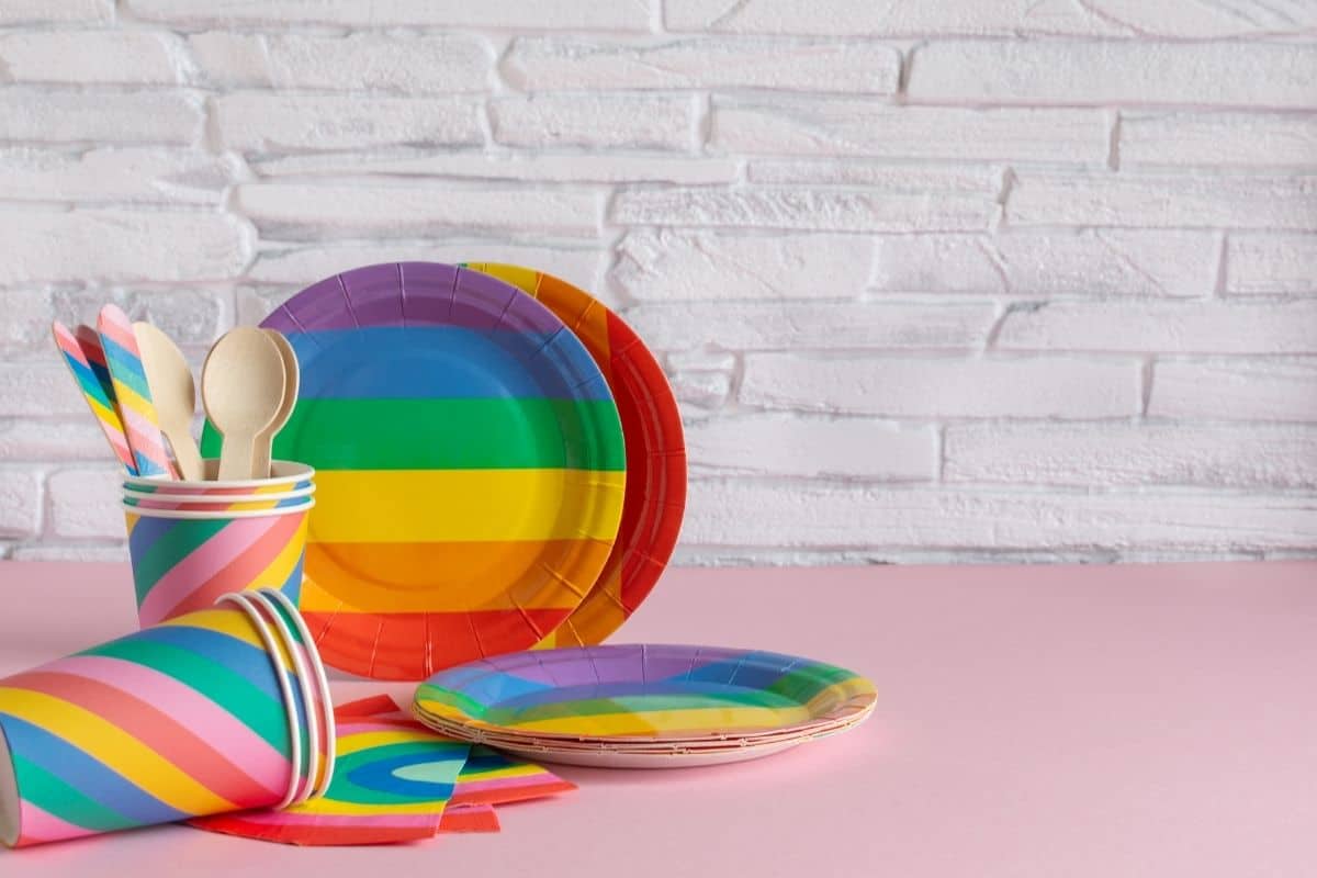 rainbow plates, straws and cups