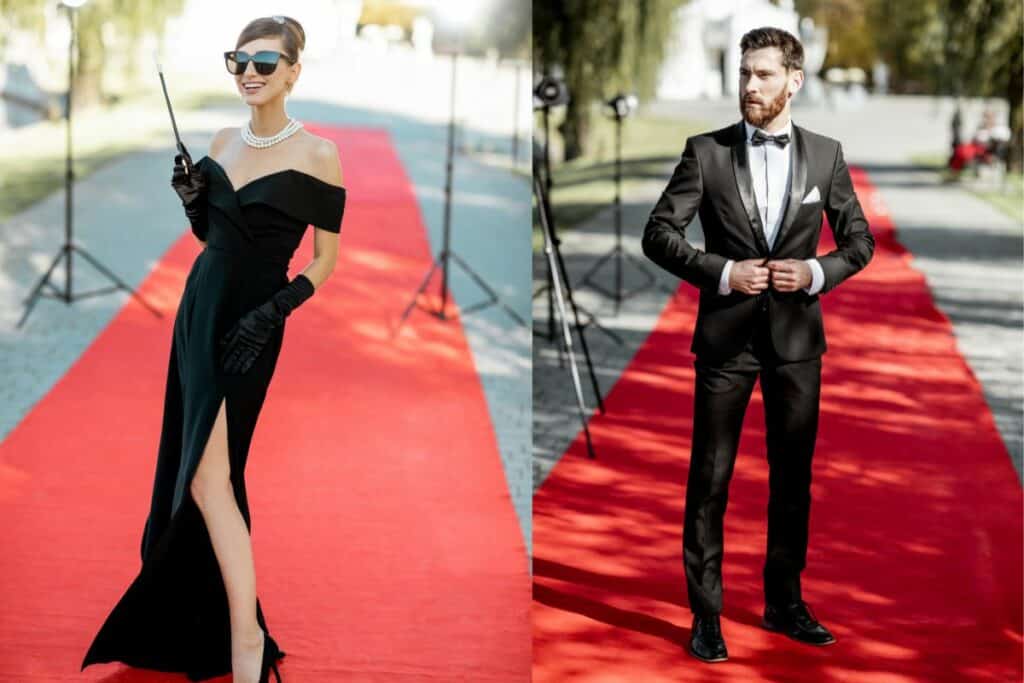 collage of a woman and a man on a red carpet