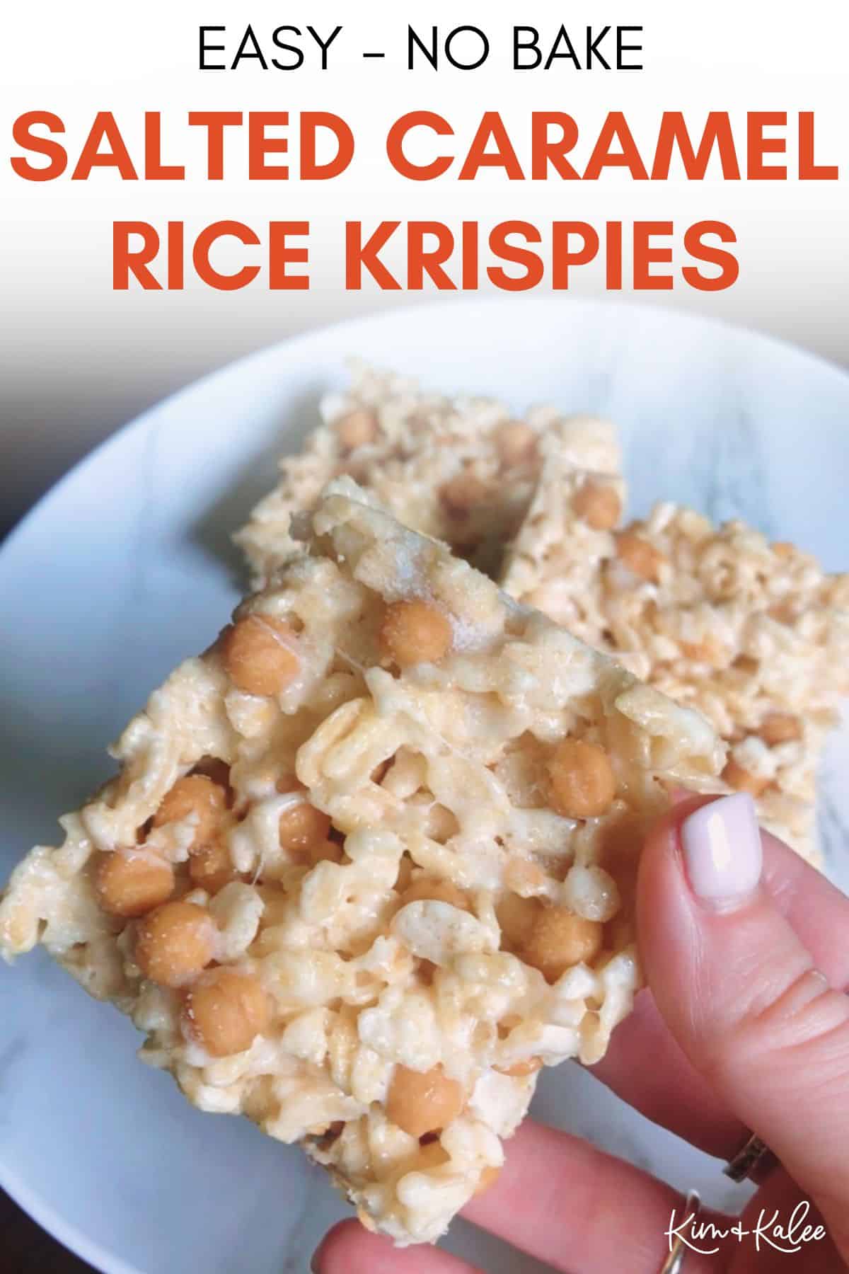 close up of 1 treat with the text overlay " easy no bake salted caramel rice krispies"