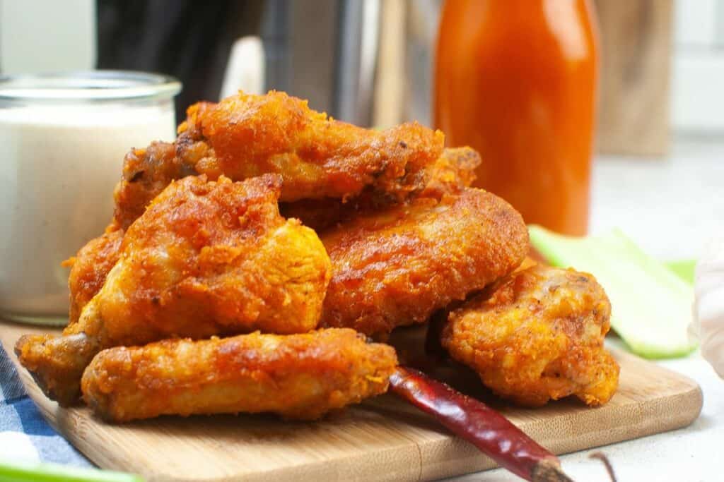 close up of the crispy chicken wings in the air fryer