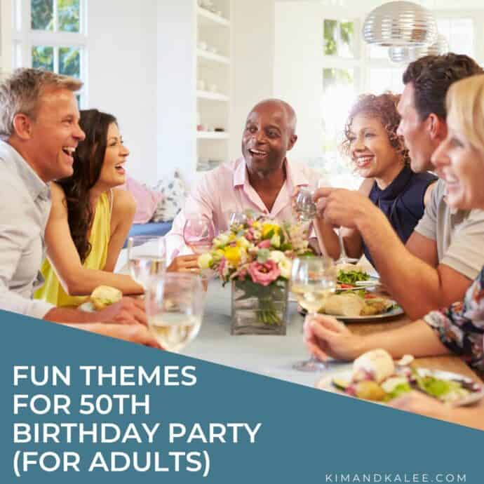 group of friends eating lunch together - text overlay says fun themes for 50th birthday party for adults