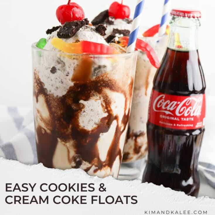 photo of the float with a glass bottle of coca-cola with the words easy cookies and cream coke floats