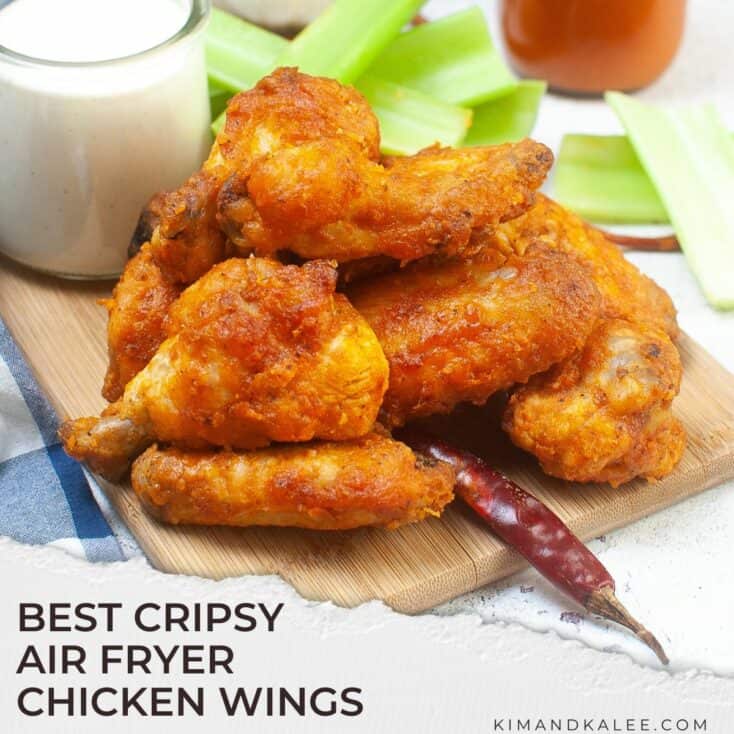 buffalo chicken wings with text overlay best crispy air fryer chicken wings
