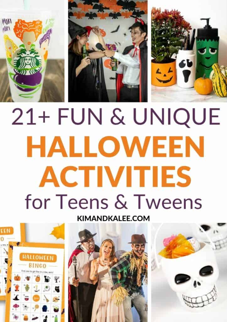 collage of different halloween ideas - text overlay "21+ fun & unique halloween activities for teens & tweens"