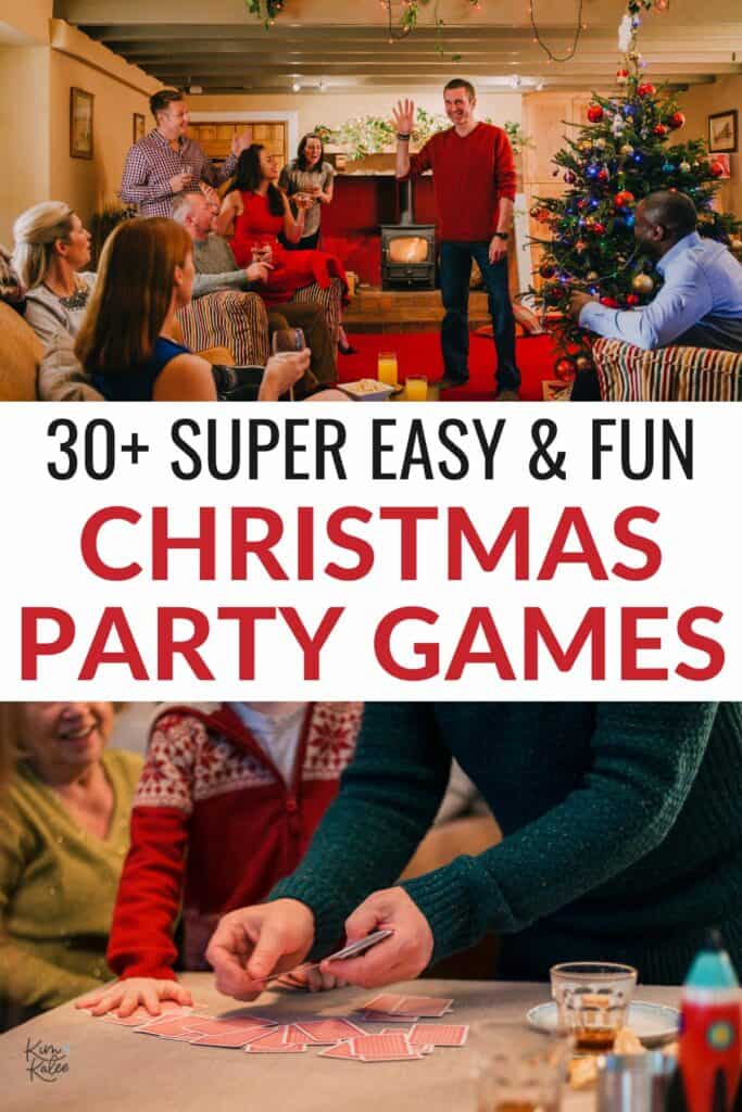 collage of two Christmas games - text overlay in the middle - 30 super easy fun Christmas party games