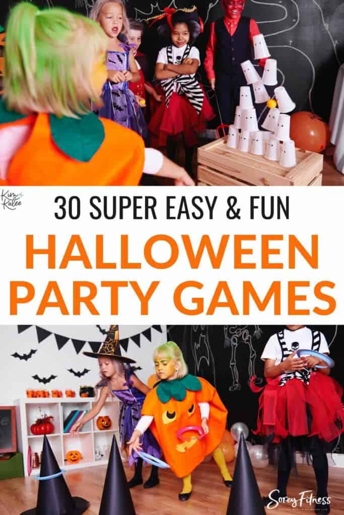 collage of two photos of kids playing games at a Halloween party - text overlay in the middle: "30 super easy fun halloween party games"