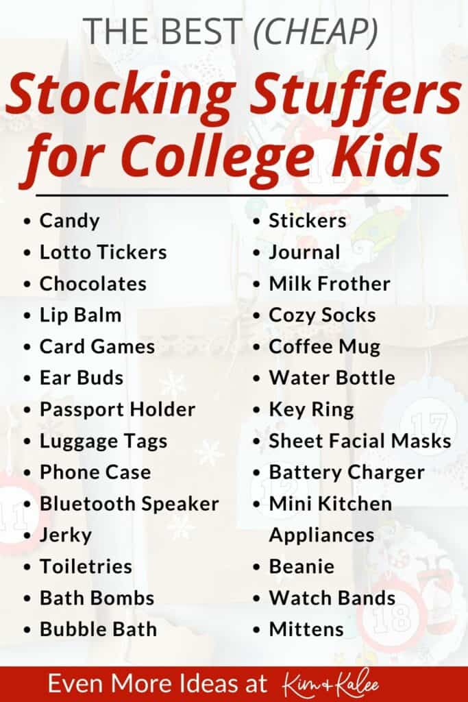 Text-infographic with a list of best cheap stocking stuffers for college kids