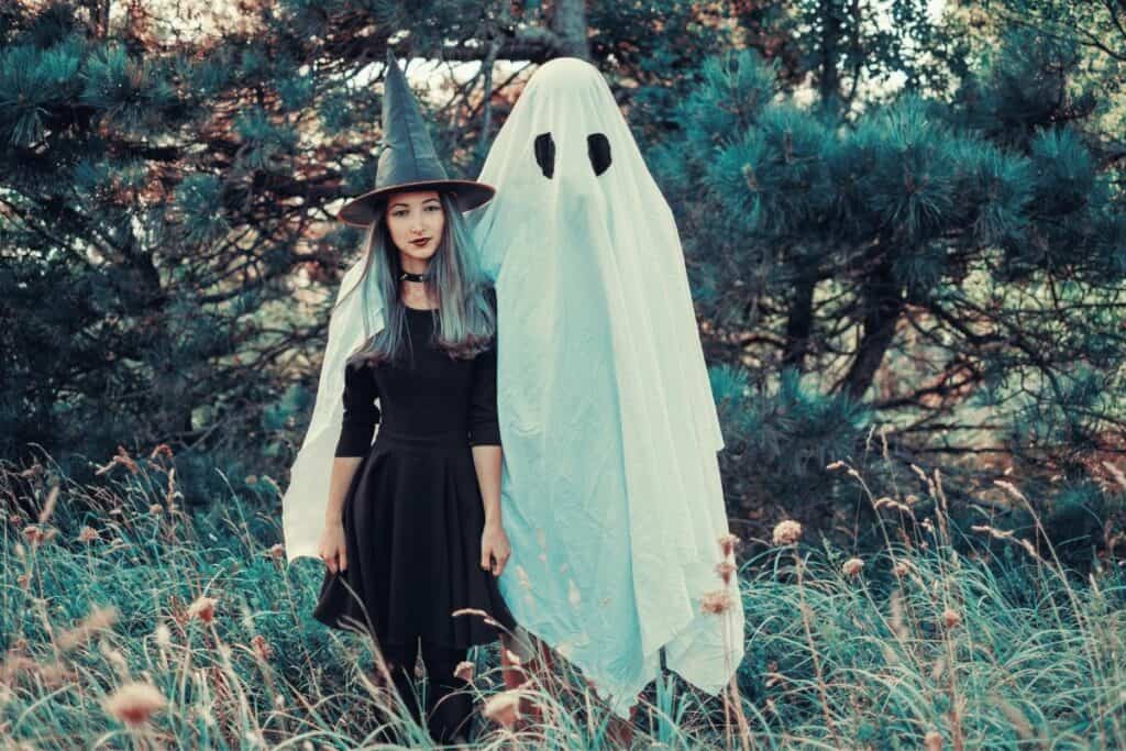 witch and a ghost outside