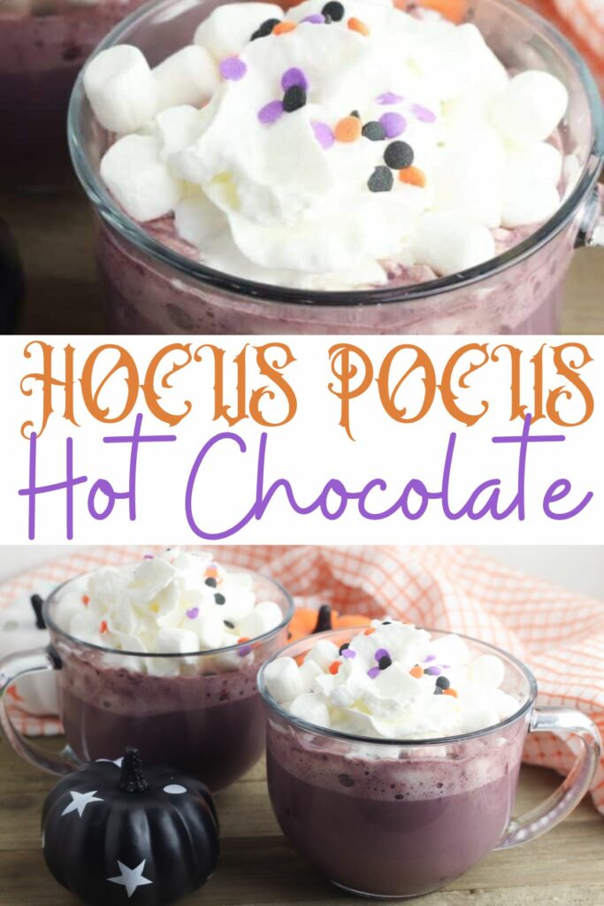 collage of 3 mugs of hot cocoa - Text overlay in the middle says Hocus Pocus Hot Chocolate