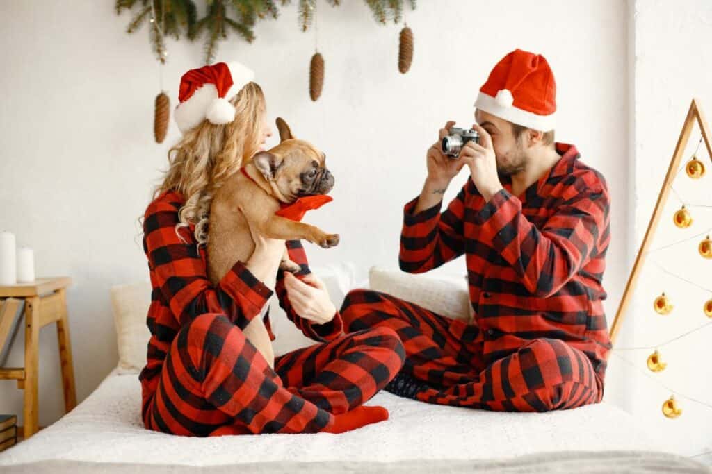 couple in matching Christmas pajamas 