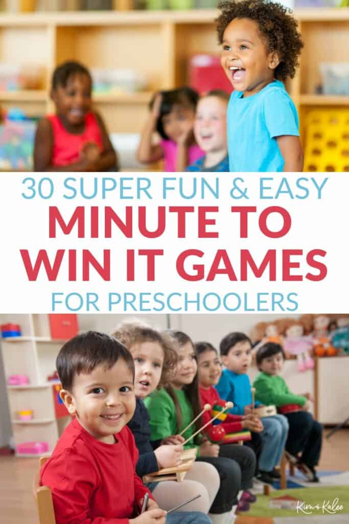 collage of 2 pictures of a preschool class with the words 30 Super Fun & Easy Minute to Win it Games for Preschoolers