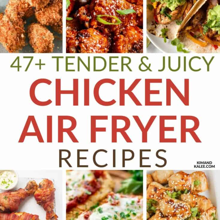 collage of 47 tender and juicy air fryer chicken recipes - text overlay in the middle
