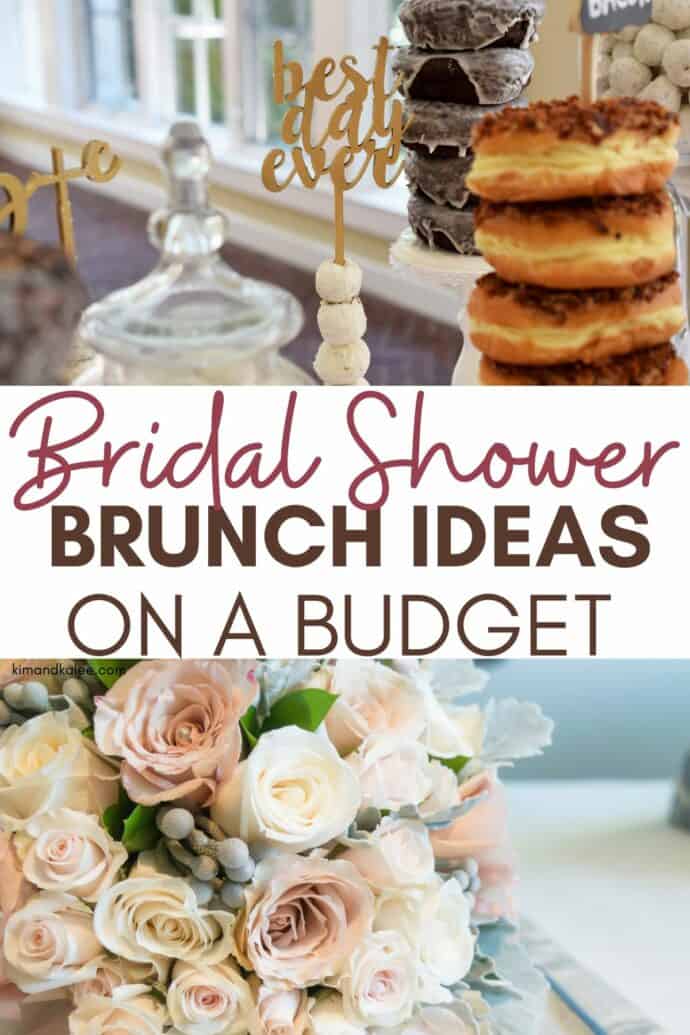 collage of donuts for a shower and fresh flowers - text overlay says bridal shower brunch ideas on a budget