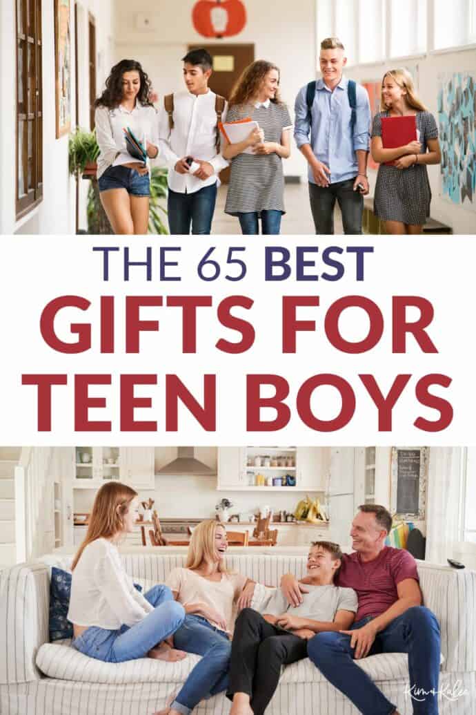 collage of teen boy with his friends and his family - text overlay says the 65 best gifts for teen boys