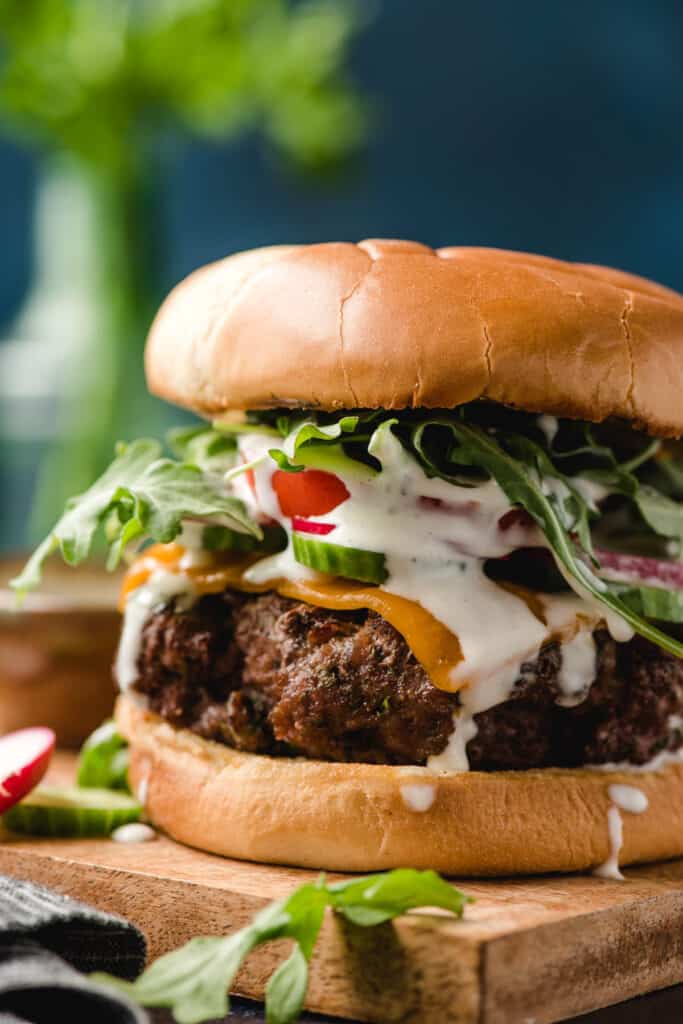 close up of ranch burger with all the fixins