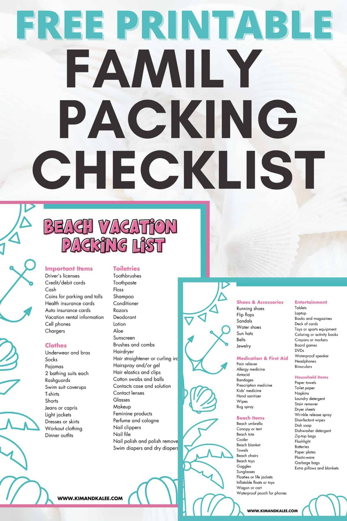 sample of the free printable family vacation packing list with text overlay "free printable family packing checklist"