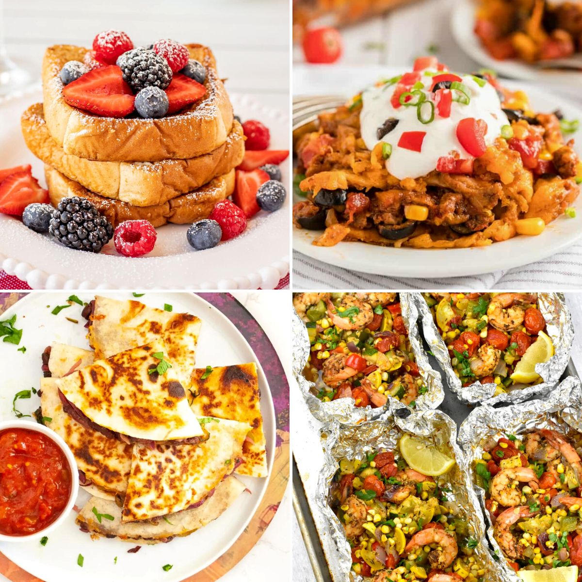 collage of 4 different recipes for vacation meal planning