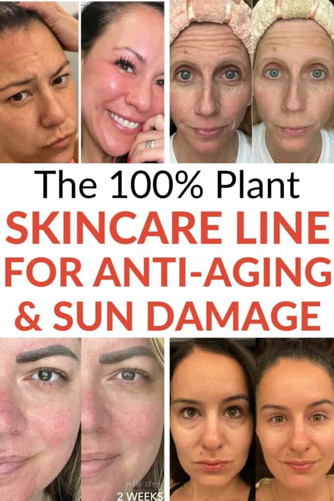 herbal face food before and after collage with text overlay in the middle - reads - the 100% plant skincare line for anti-aging & sun damage