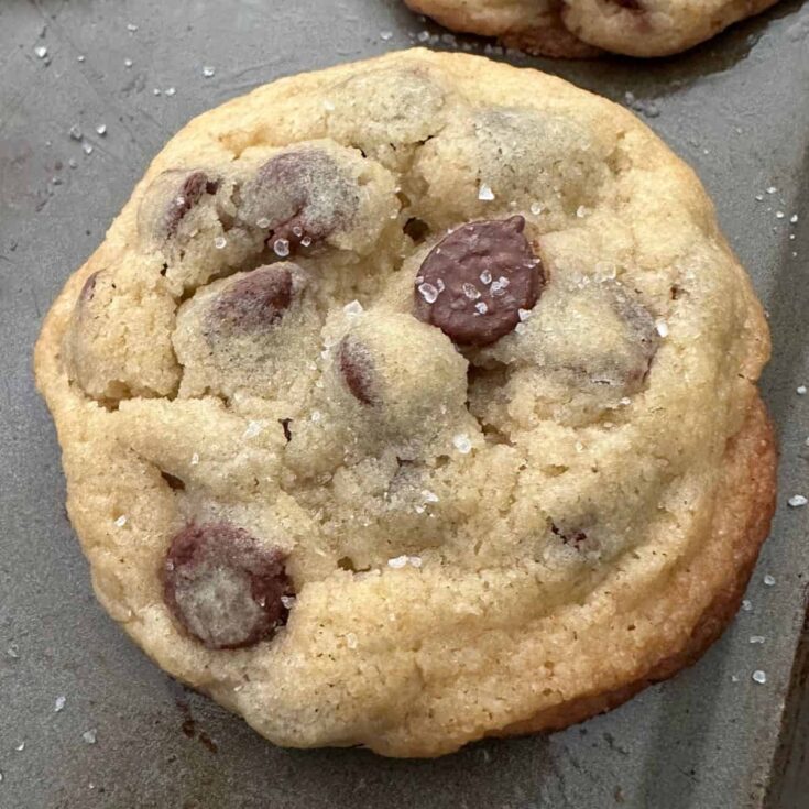 close up of one brown butter chocolate chip cookie with sea salt