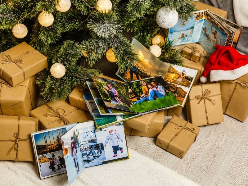 photo albums by the Christmas tree