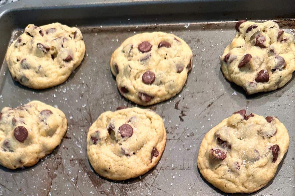 sea salt chocolate chip cookies on cookie sheet