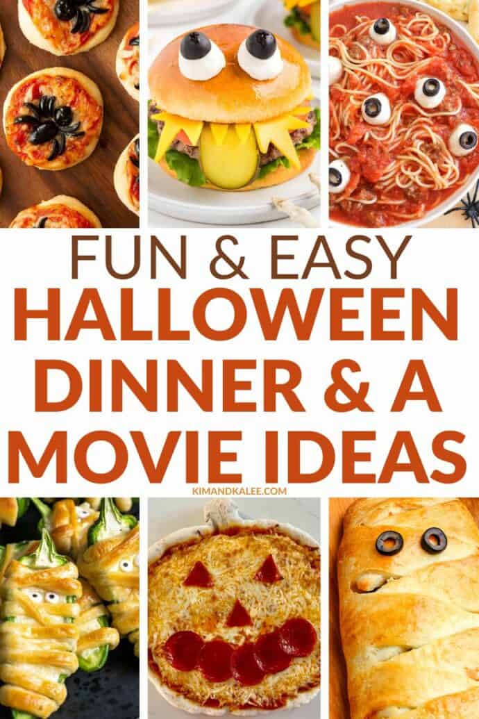 collage of 6 different Halloween dinners - text overlay says fun and easy halloween dinner and a movie ideas