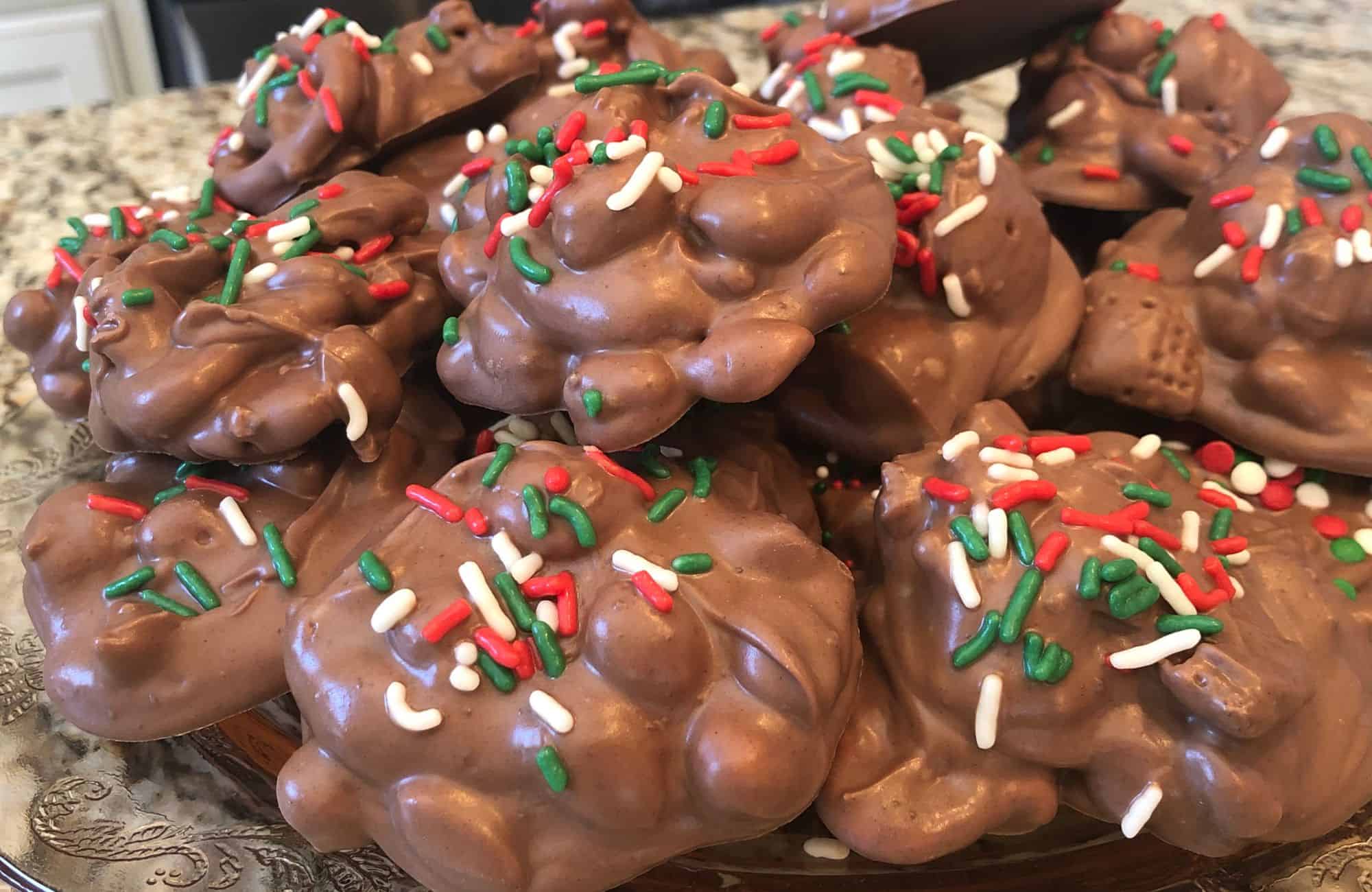 crockpot christmas crack pieces with red and green sprinkles