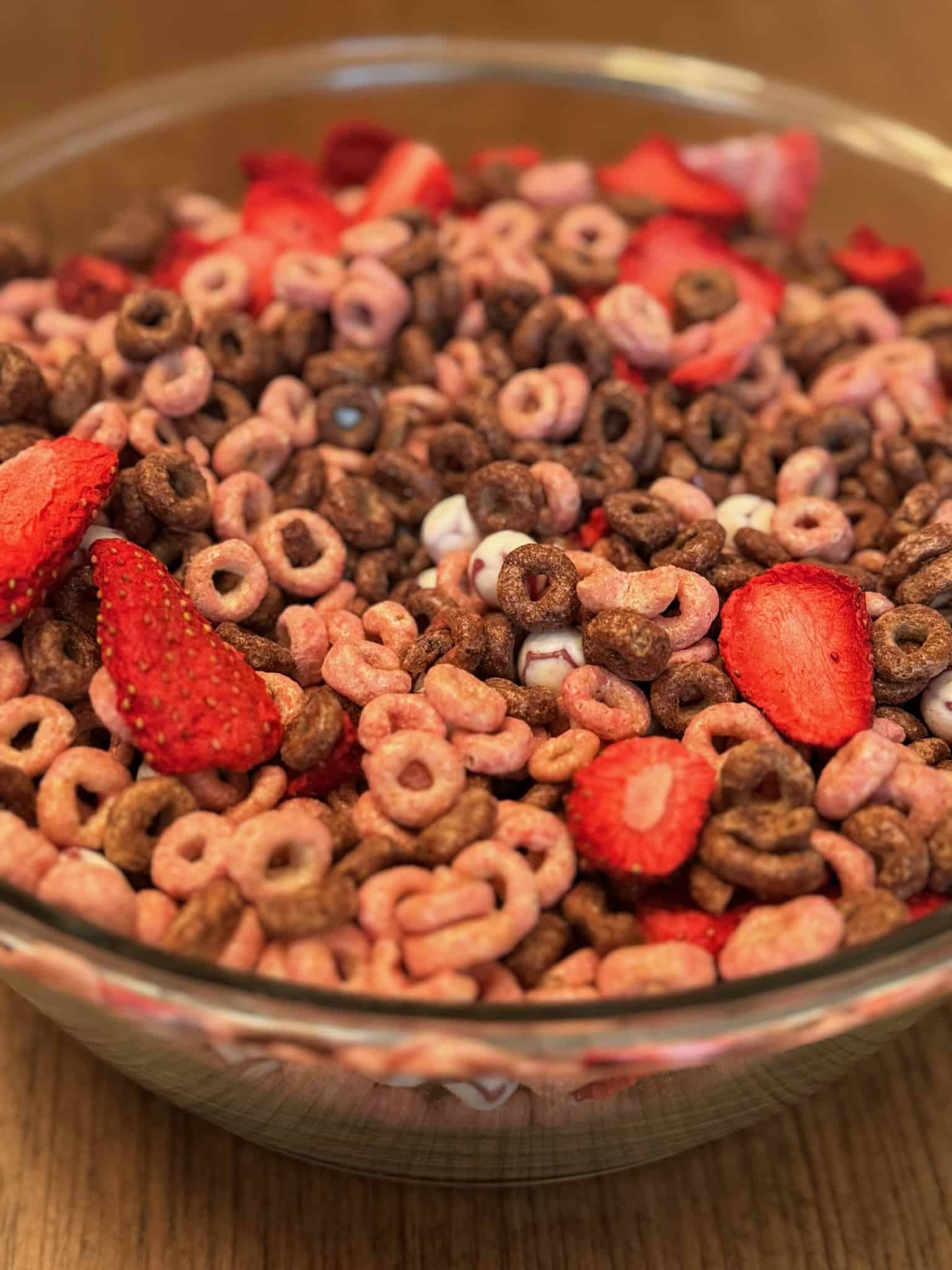 bowl of Strawberry Valentines Snack Mix with Cheerios