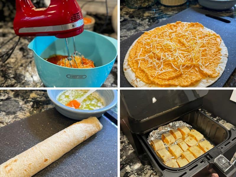 collage of the 4 steps to making buffalo chicken roll ups