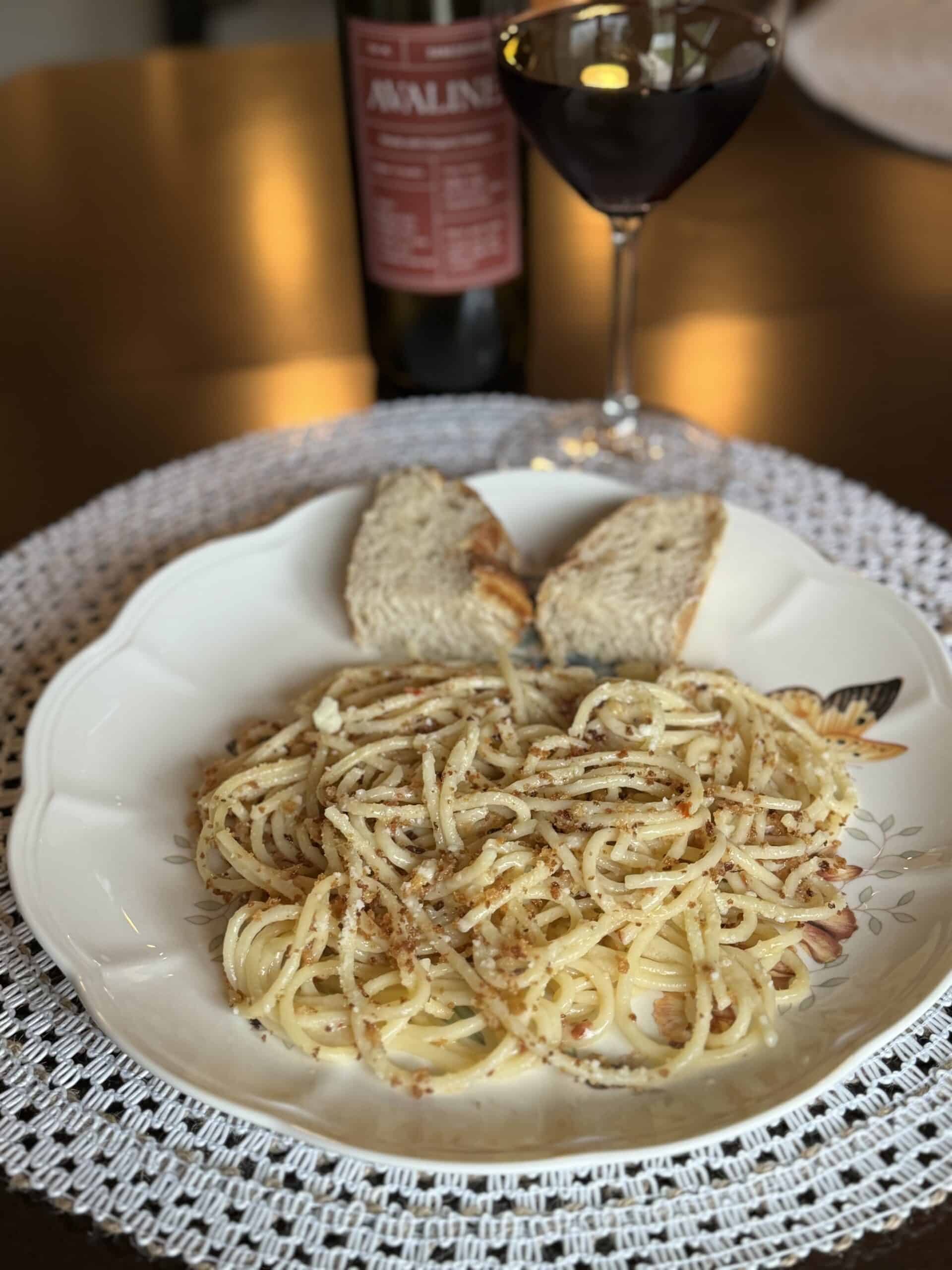 pasta with bread and wine