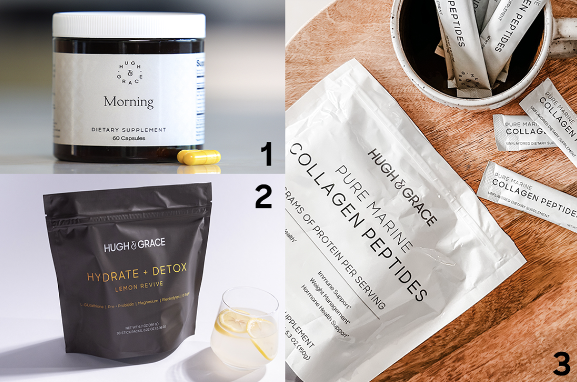 collage of hugh and grace's morning routine, hydrate and detox, and collagen